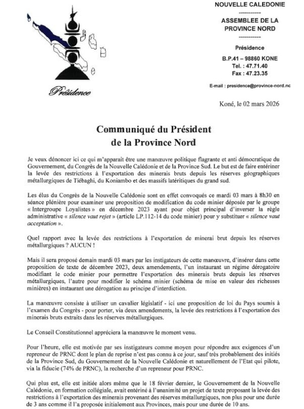 communiqué président assemblée province Nord 